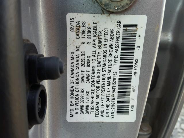 2HGFB2F94FH528152 - 2015 HONDA CIVIC EXL 银色 照片 10