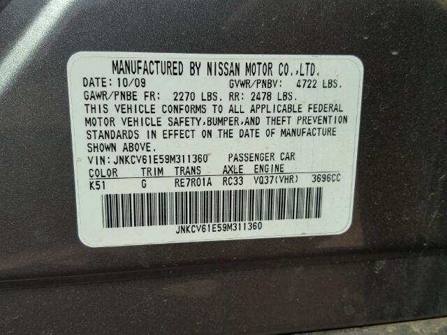 JNKCV61E59M311360 - 2009 INFINITI G37 BASE GRAY photo 10