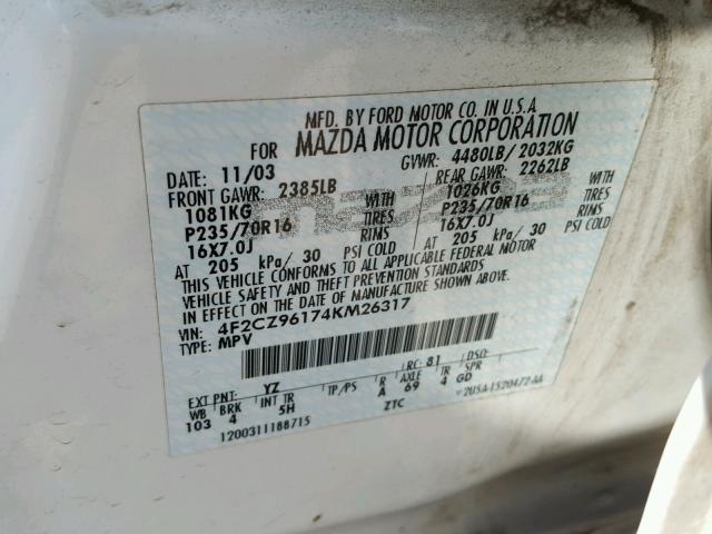 4F2CZ96174KM26317 - 2004 MAZDA TRIBUTE ES 双色 照片 10