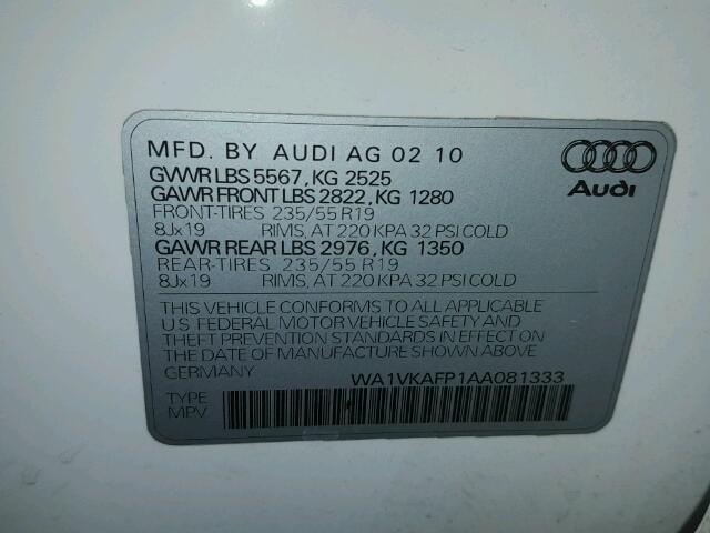 WA1VKAFP1AA081333 - 2010 AUDI Q5 PRESTIG WHITE photo 10