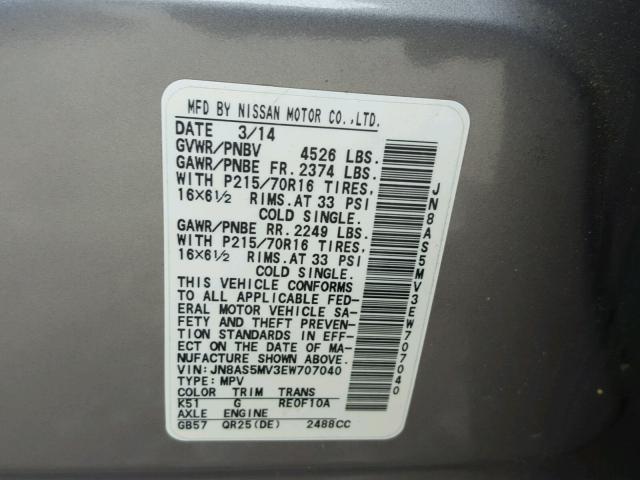 JN8AS5MV3EW707040 - 2014 NISSAN ROGUE SELE GRAY photo 10