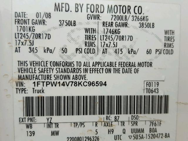 1FTPW14V78KC96594 - 2008 FORD F150 WHITE photo 10