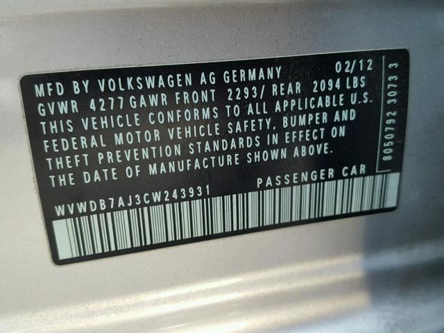 WVWDB7AJ3CW243931 - 2012 VOLKSWAGEN GOLF SILVER photo 10