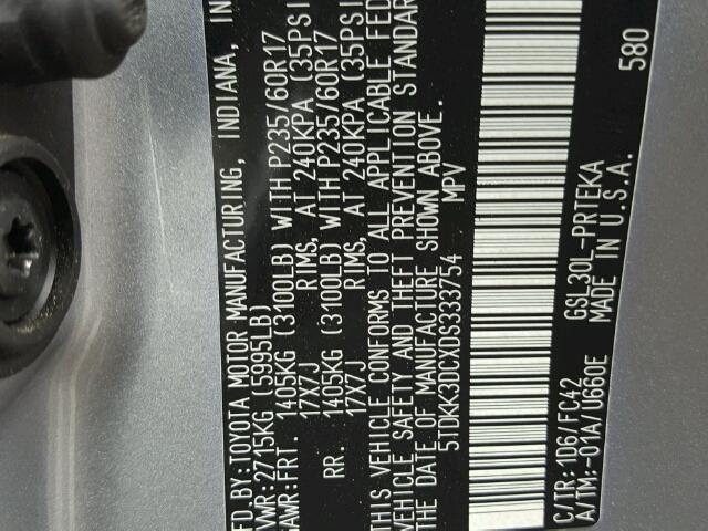 5TDKK3DCXDS333754 - 2013 TOYOTA SIENNA LE SILVER photo 10