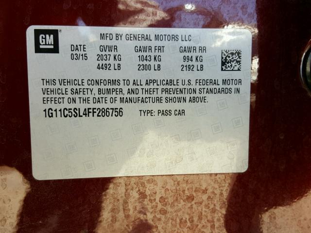 1G11C5SL4FF286756 - 2015 CHEVROLET MALIBU 1LT ბურგუნდია ფოტო 10