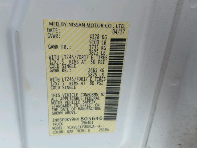 1N6BF0KY9HN805646 - 2017 NISSAN NV 1500 S WHITE photo 10