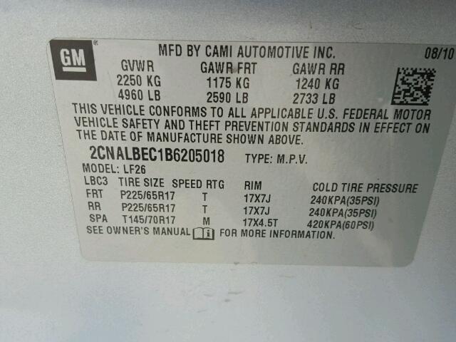 2CNA1BEC1B6205018 - 2011 CHEVROLET EQUINOX SILVER photo 10