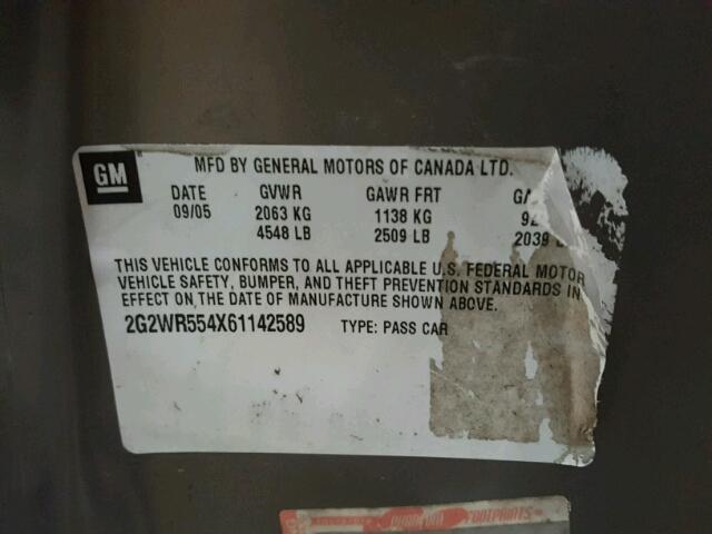2G2WR554X61142589 - 2006 PONTIAC GRAND PRIX BROWN photo 10