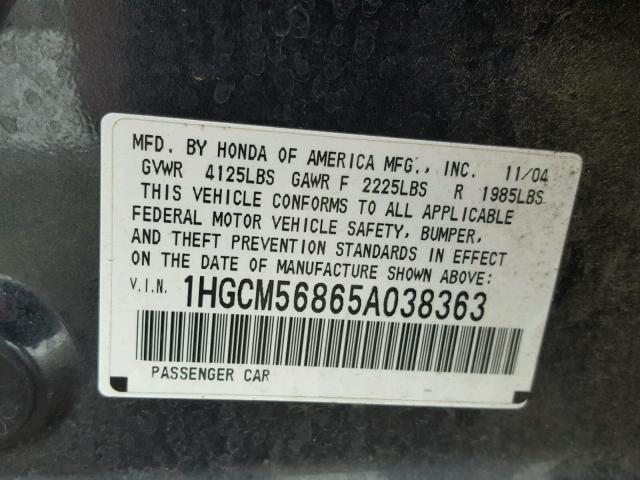 1HGCM56865A038363 - 2005 HONDA ACCORD EX CHARCOAL photo 10