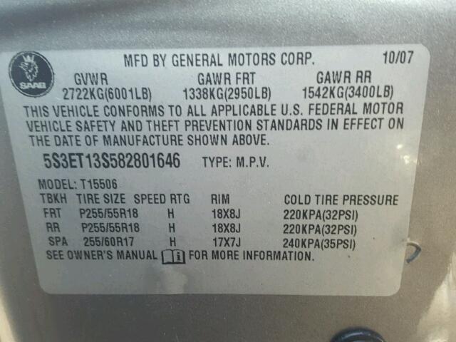 5S3ET13S582801646 - 2008 SAAB 9-7X 4.2I GRAY photo 10