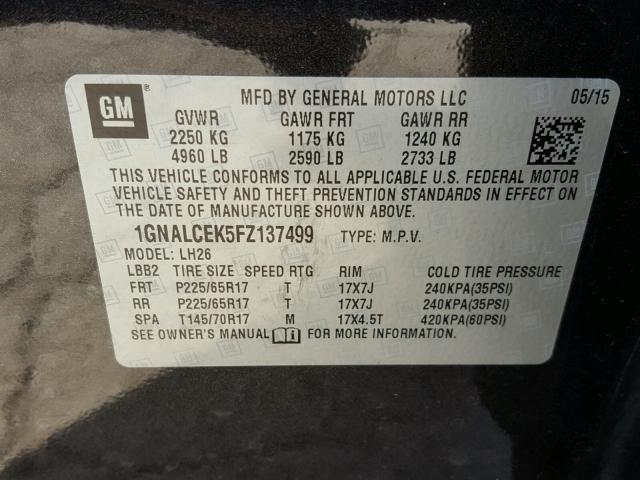 1GNALCEK5FZ137499 - 2015 CHEVROLET EQUINOX CHARCOAL photo 10