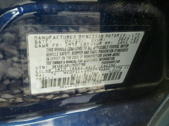 3N1AB7AP4HY310188 - 2017 NISSAN SENTRA S BLUE photo 10