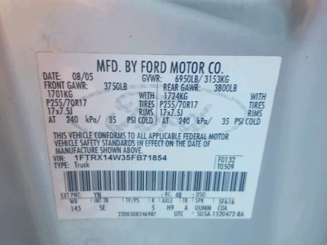 1FTRX14W35FB71854 - 2005 FORD F150 SILVER photo 10