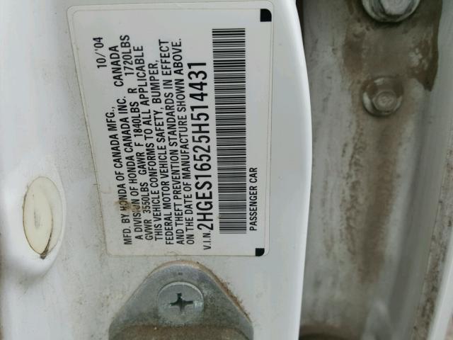 2HGES16525H514431 - 2005 HONDA CIVIC LX WHITE photo 10