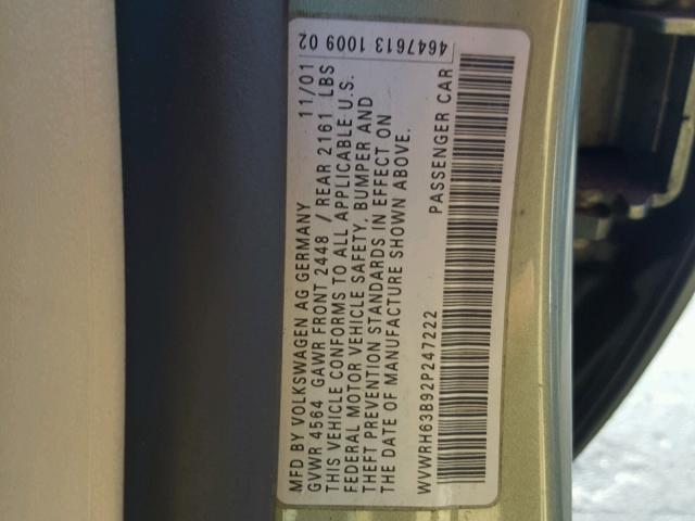 WVWRH63B92P247222 - 2002 VOLKSWAGEN PASSAT GLX GREEN photo 10