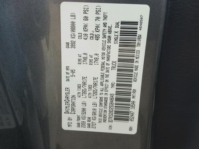 3D7KS28D25G840649 - 2005 DODGE RAM 2500 S ნაცრისფერი ფოტო 10