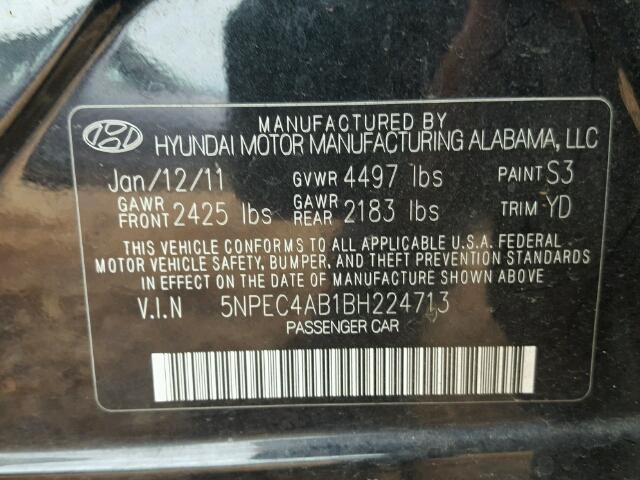 5NPEC4AB1BH224713 - 2011 HYUNDAI SONATA SE BLACK photo 10