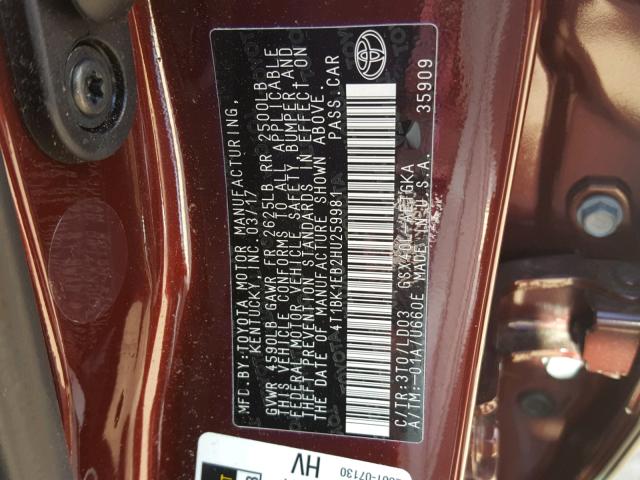 4T1BK1EB2HU259981 - 2017 TOYOTA AVALON XLE RED photo 10