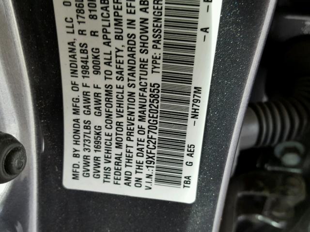 19XFC2F70GE025855 - 2016 HONDA CIVIC GRAY photo 10