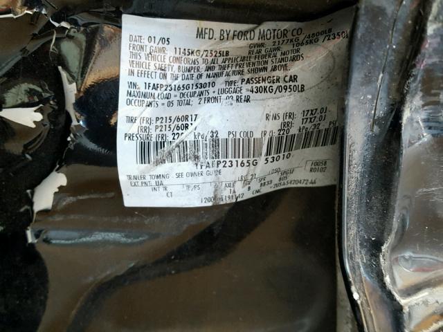 1FAFP23165G153010 - 2005 FORD FIVE HUNDR BLACK photo 10