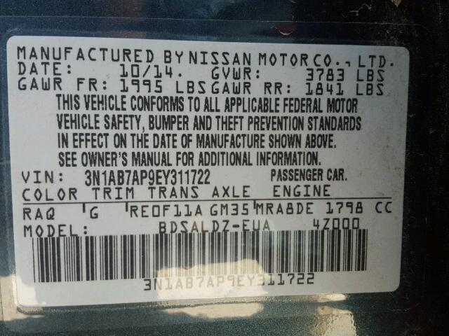 3N1AB7AP9EY311722 - 2014 NISSAN SENTRA S GRAY photo 10