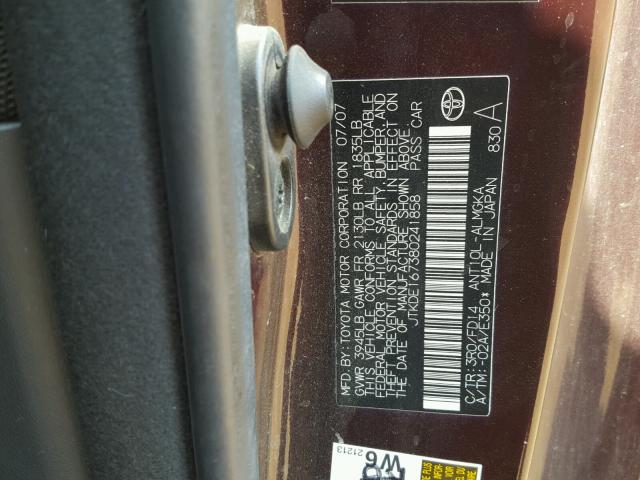 JTKDE167380241858 - 2008 TOYOTA SCION TC 紫色 照片 10