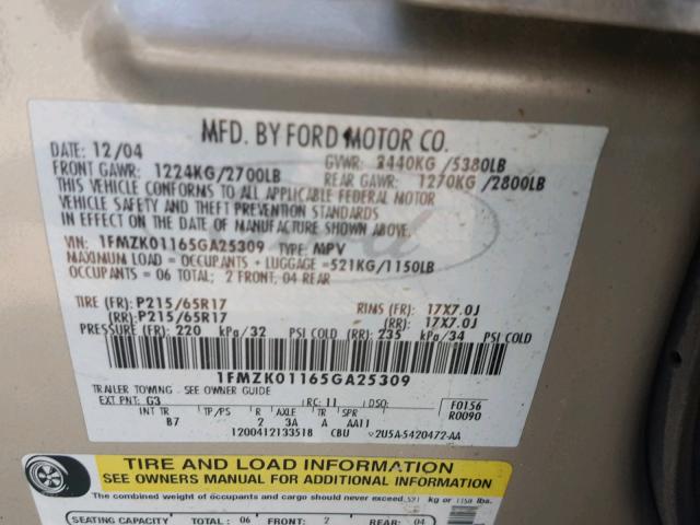 1FMZK01165GA25309 - 2005 FORD FREESTYLE GOLD photo 10