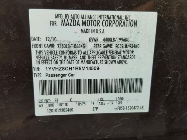 1YVHZ8CH1B5M14509 - 2011 MAZDA 6 I BURGUNDY photo 10