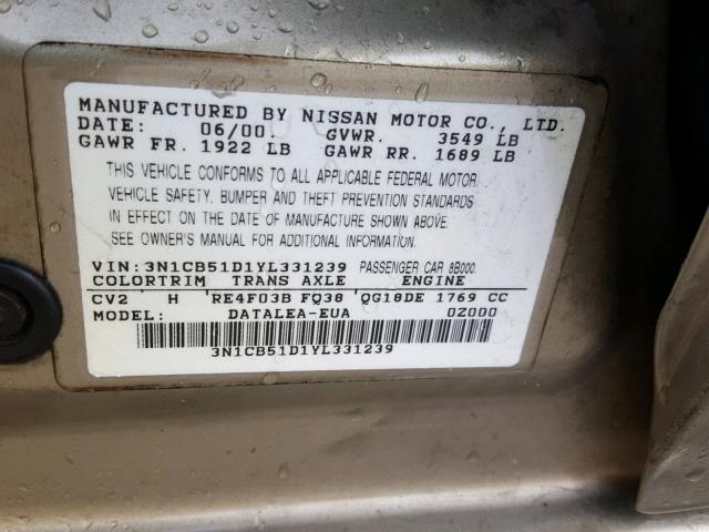 3N1CB51D1YL331239 - 2000 NISSAN SENTRA BAS BEIGE photo 10