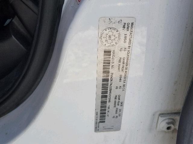 3VW2K7AJ2BM022288 - 2011 VOLKSWAGEN JETTA BASE 白色 照片 10