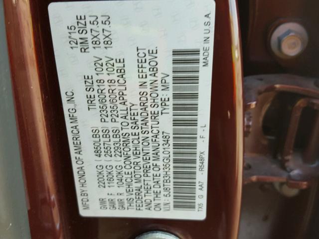 5J8TB3H35GL013487 - 2016 ACURA RDX MAROON photo 10