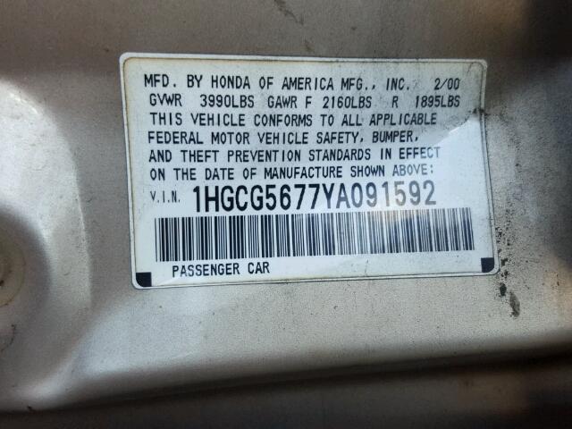 1HGCG5677YA091592 - 2000 HONDA ACCORD GOLD photo 10