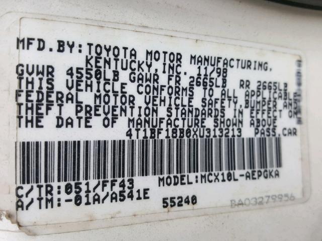 4T1BF18B0XU313213 - 1999 TOYOTA AVALON XL WHITE photo 10