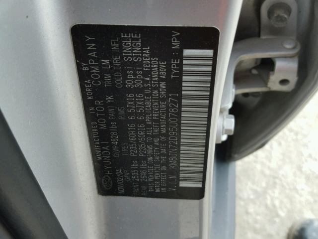 KM8JN72D95U078271 - 2005 HYUNDAI TUCSON GLS SILVER photo 10