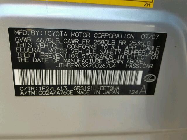 JTHBE96SX70026704 - 2007 LEXUS GS 350 SILVER photo 10