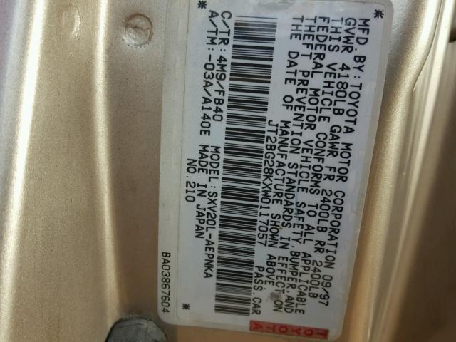 JT2BG28KXW0117057 - 1998 TOYOTA CAMRY LE TAN photo 10