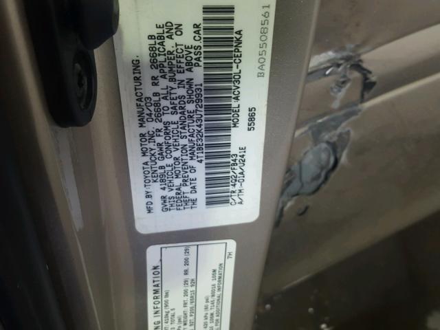 4T1BE32K43U729931 - 2003 TOYOTA CAMRY GOLD photo 10