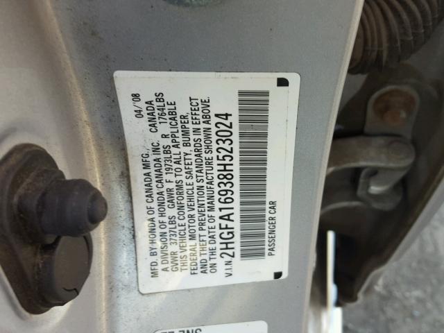 2HGFA16938H523024 - 2008 HONDA CIVIC EXL ვერცხლისფერი ფოტო 10