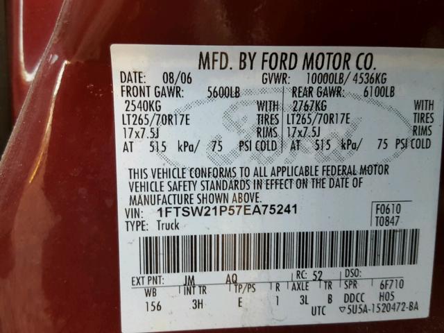 1FTSW21P57EA75241 - 2007 FORD F250 SUPER BURGUNDY photo 10