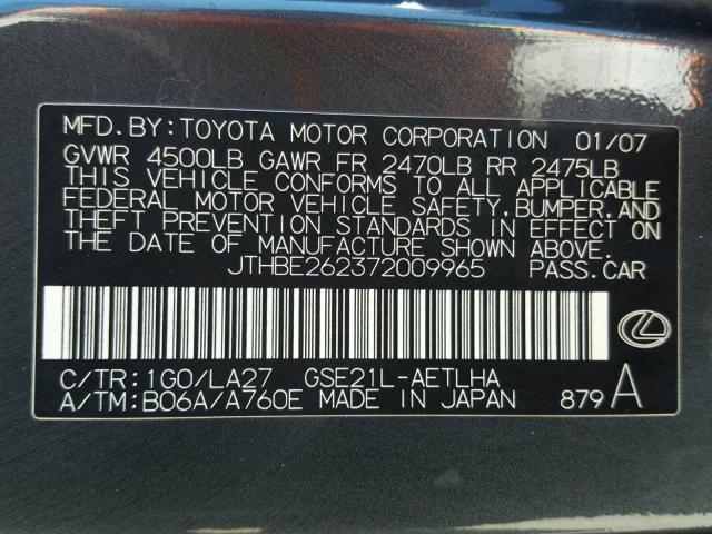 JTHBE262372009965 - 2007 LEXUS IS 350 GRAY photo 10