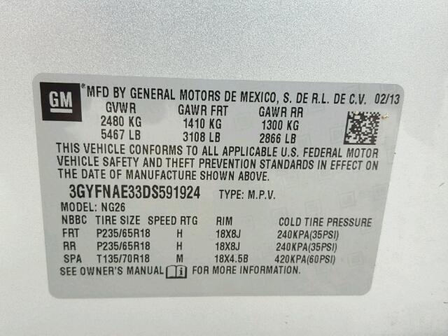 3GYFNAE33DS591924 - 2013 CADILLAC SRX SILVER photo 10