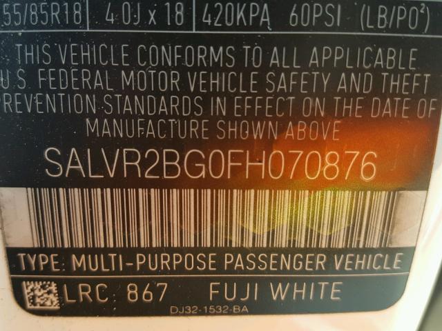 SALVR2BG0FH070876 - 2015 LAND ROVER RANGE ROVE WHITE photo 10