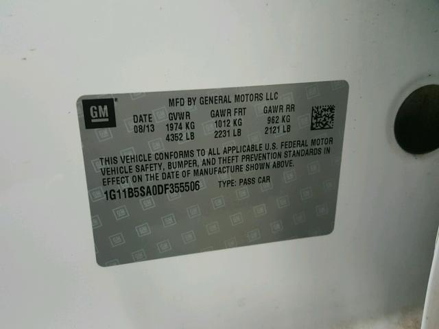 1G11B5SA0DF355506 - 2013 CHEVROLET MALIBU LS WHITE photo 10