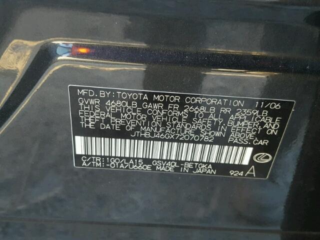 JTHBJ46GX72070782 - 2007 LEXUS ES 350 BLACK photo 10