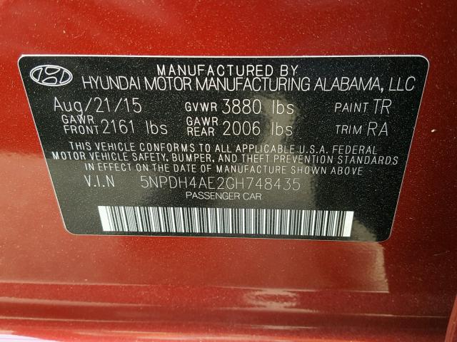 5NPDH4AE2GH748435 - 2016 HYUNDAI ELANTRA SE MAROON photo 10