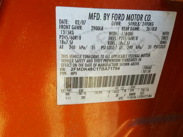 2FMDK48C17BA71794 - 2007 FORD EDGE SEL ORANGE photo 10