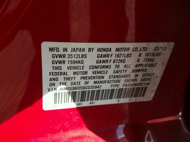 JHMGE8H35DC035942 - 2013 HONDA FIT RED photo 10