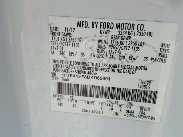 1FTFX1EF8DKD65691 - 2013 FORD F150 SUPER WHITE photo 10