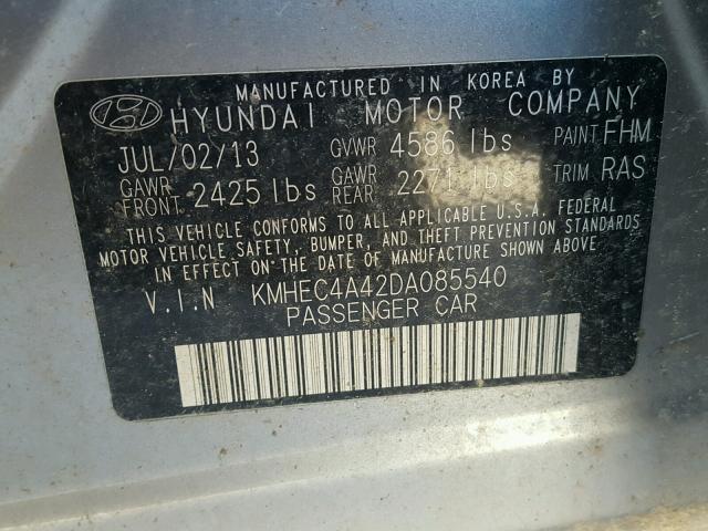 KMHEC4A42DA085540 - 2013 HYUNDAI SONATA HYB GRAY photo 10