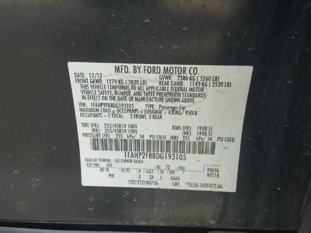 1FAHP2F88DG193105 - 2013 FORD TAURUS LIM BLACK photo 10